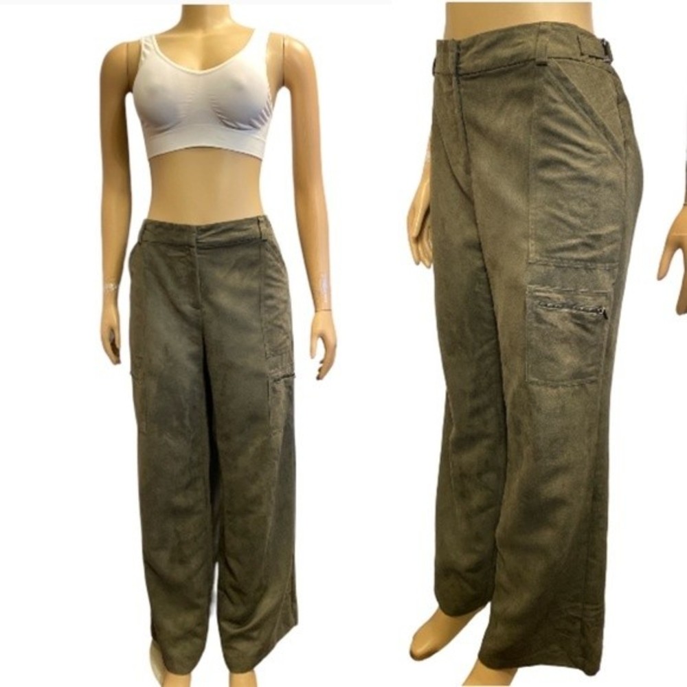 Y2K Nine & Company cargo pants plush green straight leg buckle hip size 14